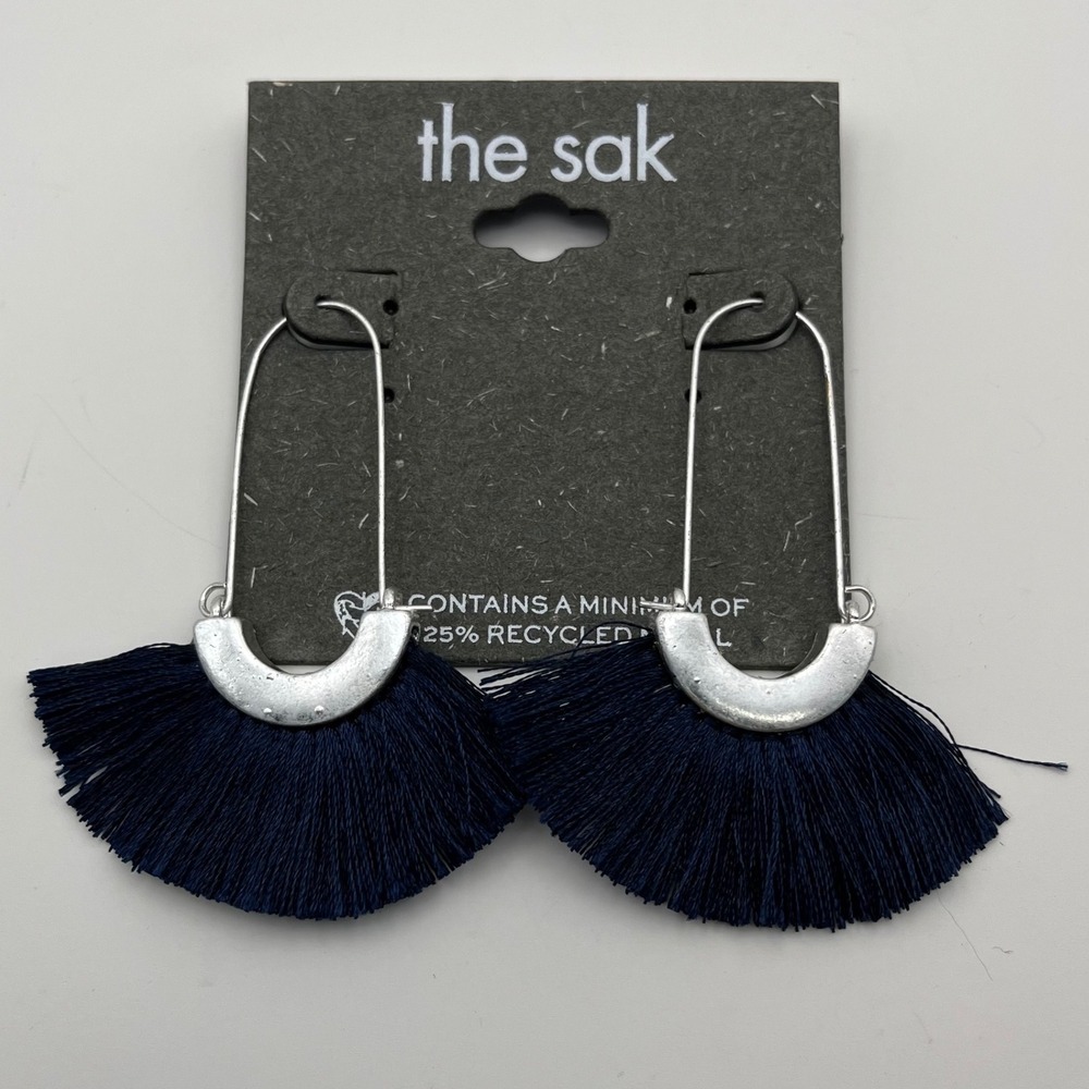 The Sak Silver Tone Hoop Earrings with Navy Blue Thread Tassels Fashion